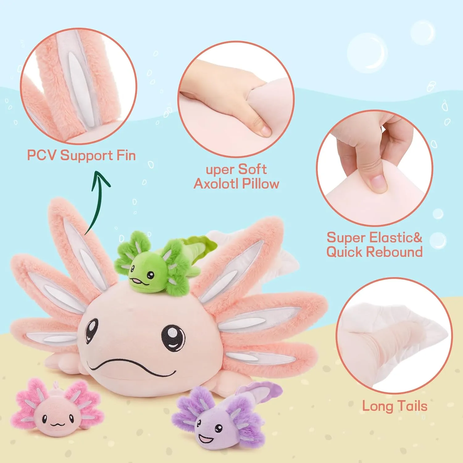 MaoGoLan Giant Mommy Axolotl Plush Stuffed Animal with 4 Babies Inside, 31.5" Soft Axolotl Plush Pillow Toy for Girls, Luminous Salamander Plushies for Birthday Gifts