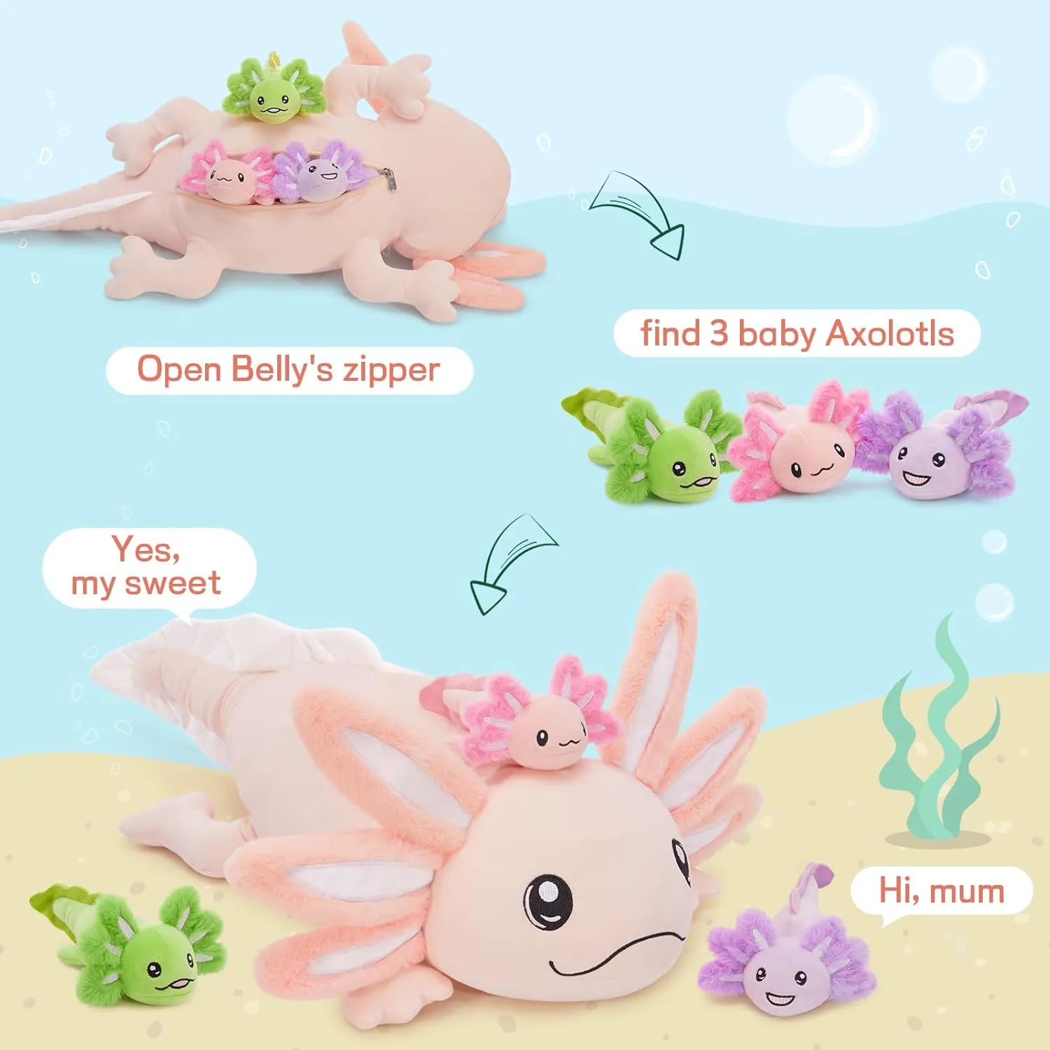 MaoGoLan Giant Mommy Axolotl Plush Stuffed Animal with 4 Babies Inside, 31.5" Soft Axolotl Plush Pillow Toy for Girls, Luminous Salamander Plushies for Birthday Gifts
