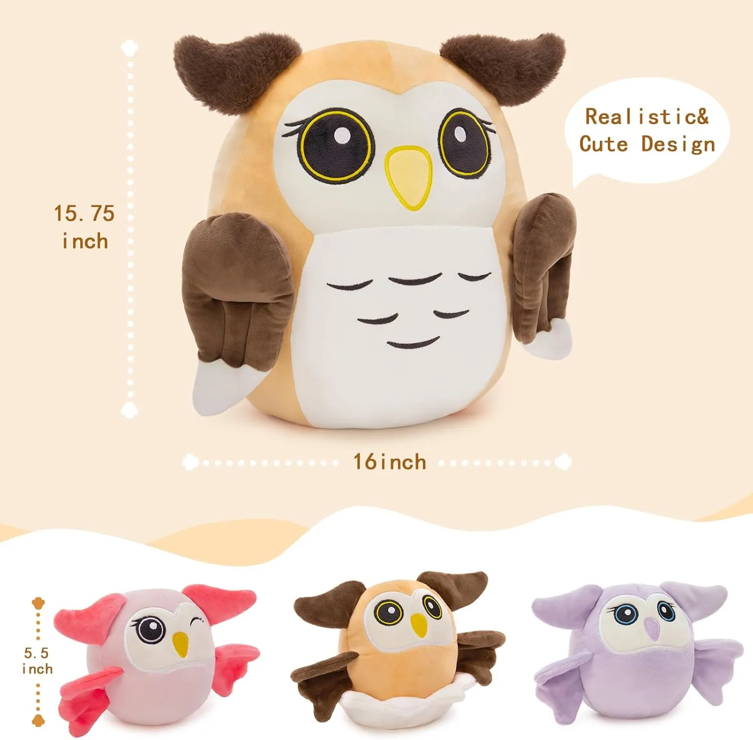 MaoGoLan Owl Stuffed Animals with Babies Inside,Ultra Soft Owl Plush Throw Pillow with 3 Adorable Baby Owls Plushie,Squishy Stuffed Collection Gift for Owl Lover,Kids,Teens,16"