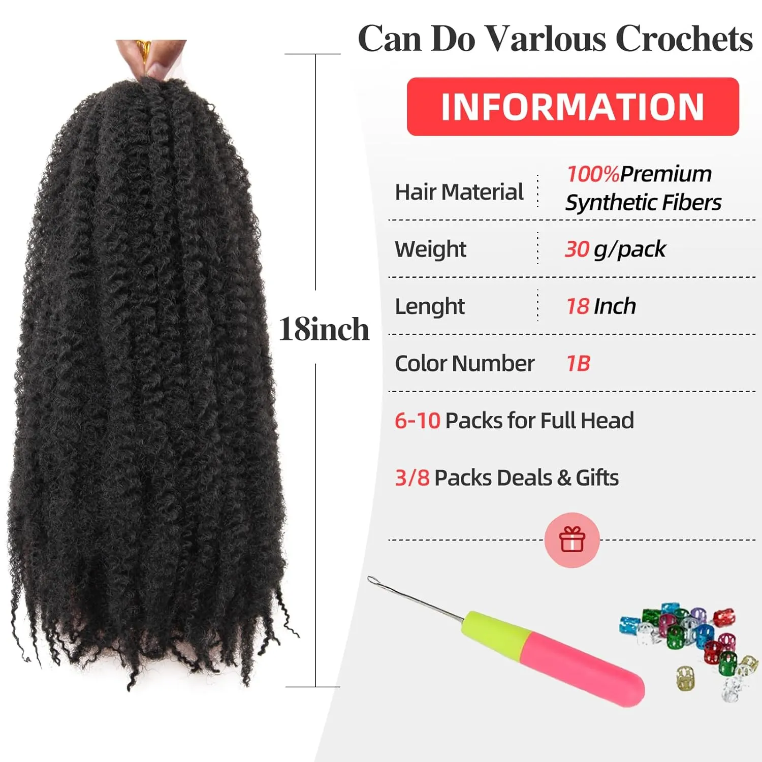 Marley Twist Braiding Hair 18 Inch Marley Twist Hair 8 Packs Cuban Twist Hair Afro Kinky Crochet Hair Synthetic Marley Hair Extensions (18 Inch(Pack of 8),1B)