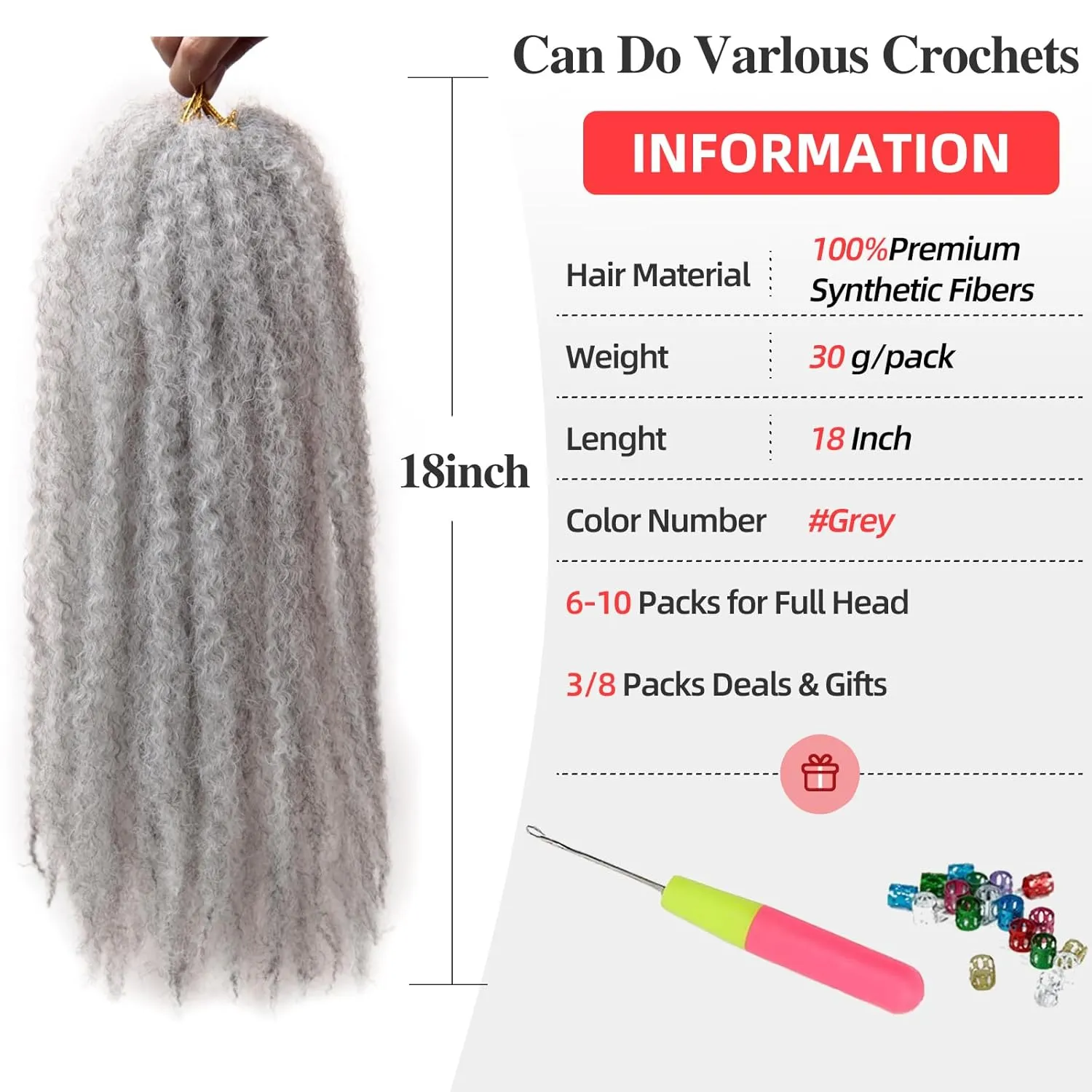 Marley Twist Braiding Hair 18 Inch Marley Twist Hair 8 Packs Cuban Twist Hair Afro Kinky Crochet Hair Synthetic Marley Hair Extensions (18 Inch(Pack of 8),#Grey)