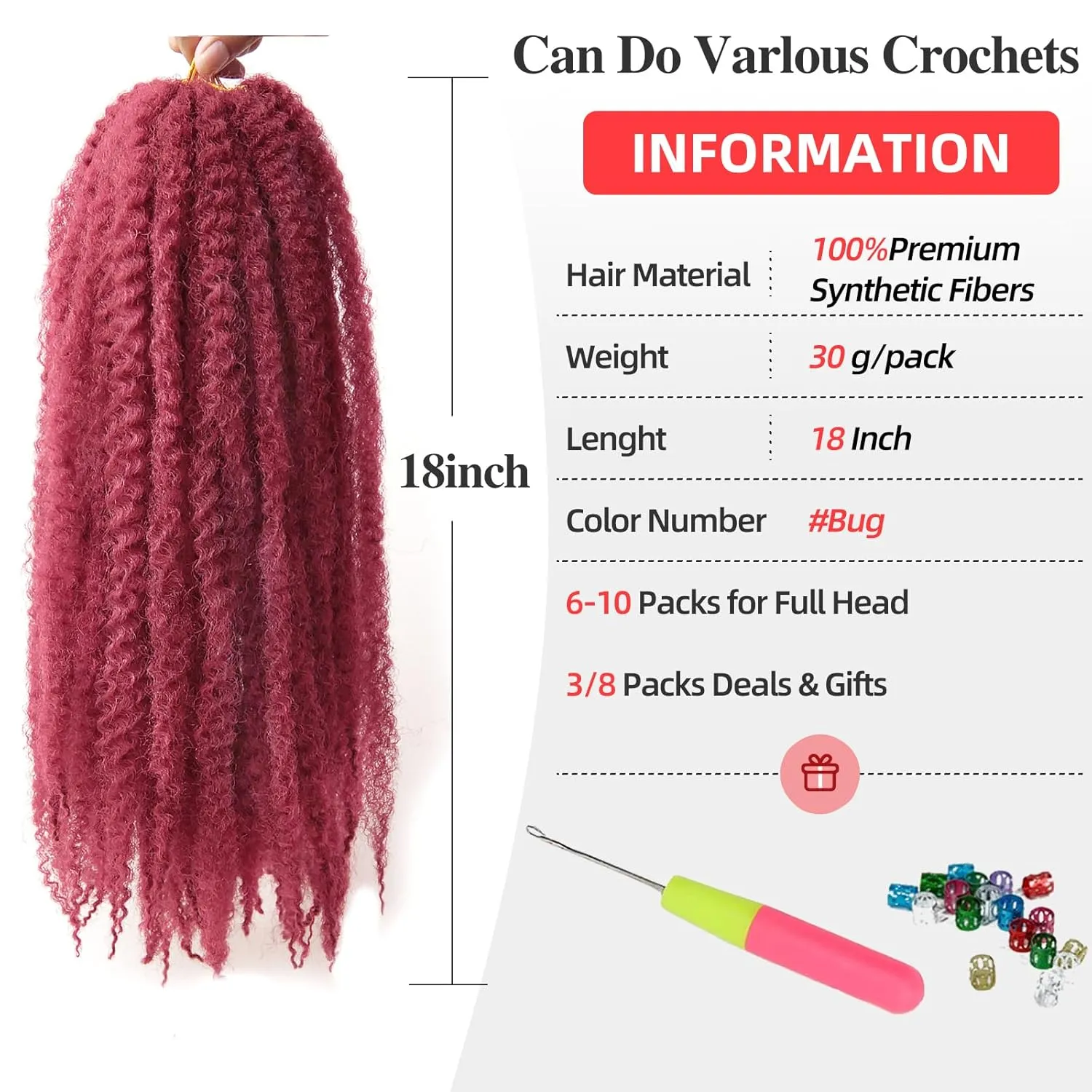 Marley Twist Braiding Hair 18 Inch Red Marley Twist Hair 8 Packs Cuban Twist Hair Afro Kinky Curly Crochet Hair Synthetic Marley Hair Extensions (18 Inch(Pack of 8),#Bug)