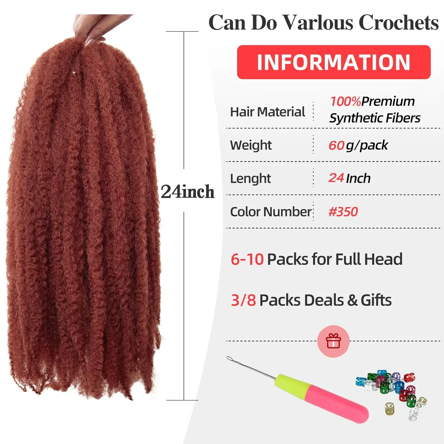 Marley Twist Braiding Hair 24 Inch Ginger Marley Twist Hair 8 Packs Cuban Twist Hair Afro Kinky Curly Crochet Hair Synthetic Marley Hair Extensions (24 Inch(Pack of 8),#350)