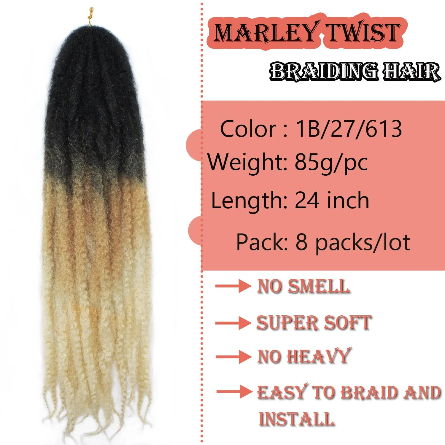 Marley Twist Braiding Hair 24 Inch Long Cuban Twist Hair 8 Packs Afro Kinky Curly Twist Crochet Hair Synthetic Hair Extensions (24 Inch 8packs, 1b/27/613)