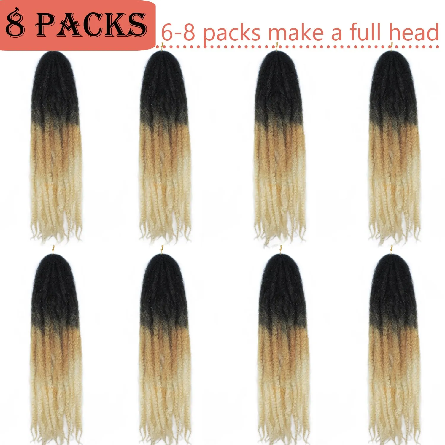 Marley Twist Braiding Hair 24 Inch Long Cuban Twist Hair 8 Packs Afro Kinky Curly Twist Crochet Hair Synthetic Hair Extensions (24 Inch 8packs, 1b/27/613)