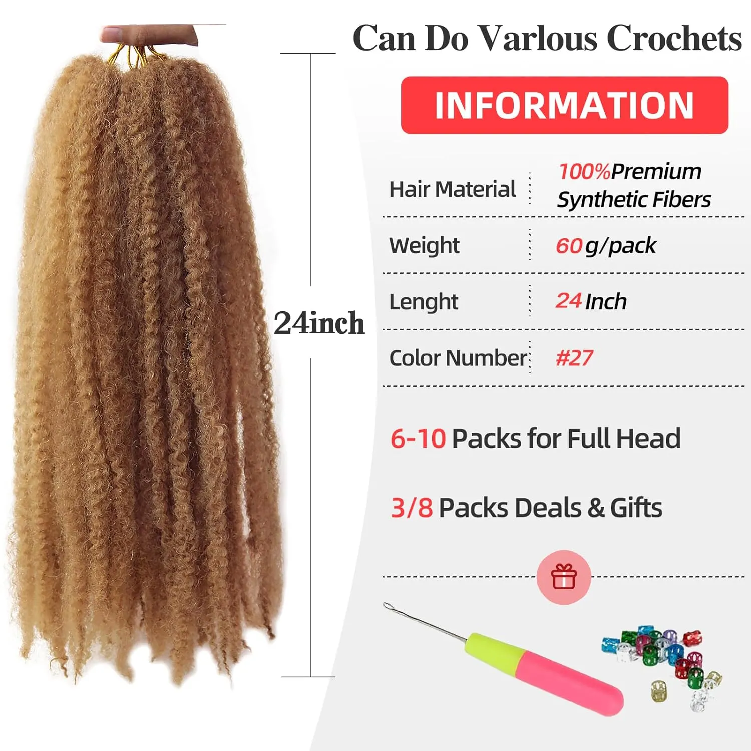 Marley Twist Braiding Hair 24 Inch Marley Twist Hair 8 Packs Cuban Twist Hair Afro Kinky Crochet Hair Synthetic Marley Hair Extensions (24 Inch(Pack of 8), #27)