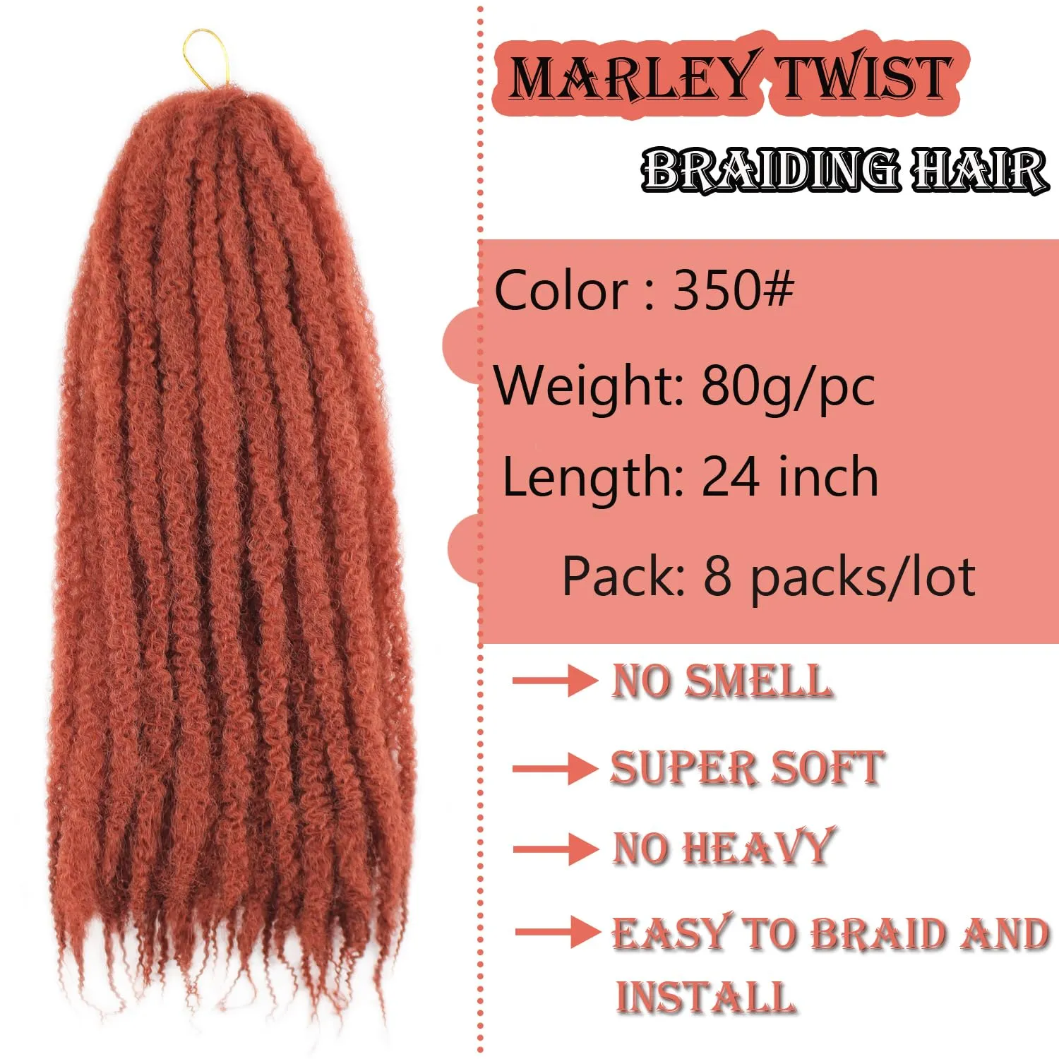 Marley Twist Braiding Hair 24 Inch Marley Twist Hair Cuban Twist Hair 8 Packs Afro Kinky Curly Twist Crochet Hair Synthetic Marley Hair Extensions (24 Inch 8packs, #350)