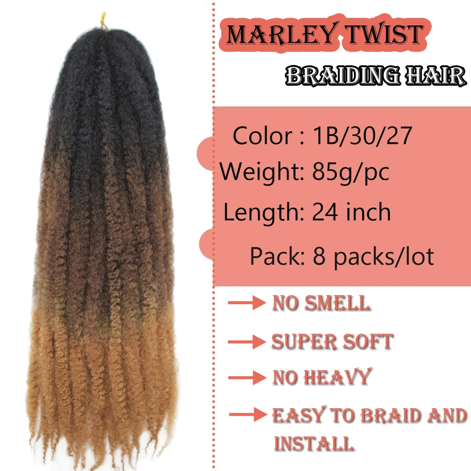 Marley Twist Braiding Hair 24 Inch Marley Twist Hair Long Cuban Twist Hair 8 Packs Afro Kinky Curly Twist Crochet Hair Synthetic Marley Hair Extensions (24 Inch 8packs,1b/30/27)