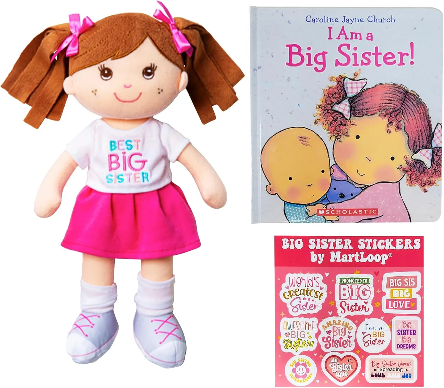 MartLoop Best Big Sister Doll Bundle - Includes Doll, Book, and Stickers – Perfect Sibling Gift from Baby or Toddler, 3 Piece Bundle