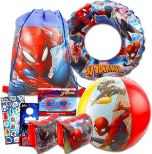 Marvel Spiderman Ultimate Pool Set - 5 Pc Spiderman Beach Toys Bundle with Beach Ball, Swim Rings, Bag, Plus Stickers and More | Spiderman Pool Toys