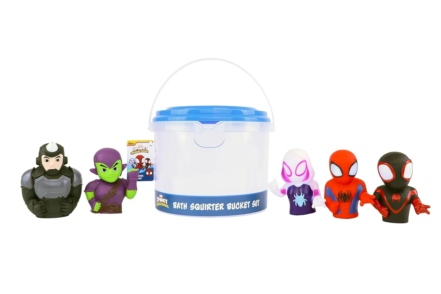 Marvel Spidey & Friends - 5 Piece Bath Squirter Bucket Set - Bath Toys for Baby and Toddlers - Includes Organizer Bucket - Store Bath Time Water Toys
