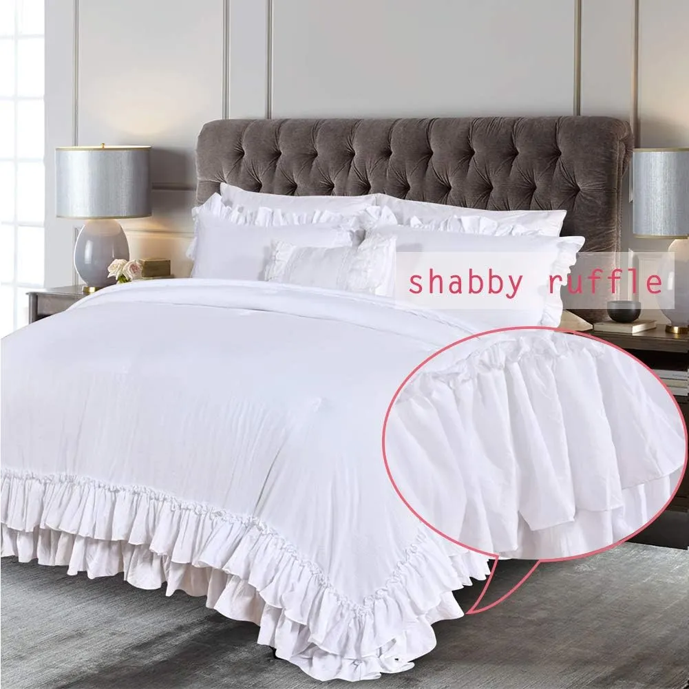 Masaca White Ruffled Comforter Set Queen,Lightweight Farmhouse Shabby Boho Chic White Bedding,Ultra Soft Fluffy Washed Microfiber Bed Comforter Set 3-Piece (1 White Comforter 2 Ruffle Pillow Shams)