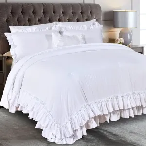 Masaca White Ruffled Comforter Set Queen,Lightweight Farmhouse Shabby Boho Chic White Bedding,Ultra Soft Fluffy Washed Microfiber Bed Comforter Set 3-Piece (1 White Comforter 2 Ruffle Pillow Shams)