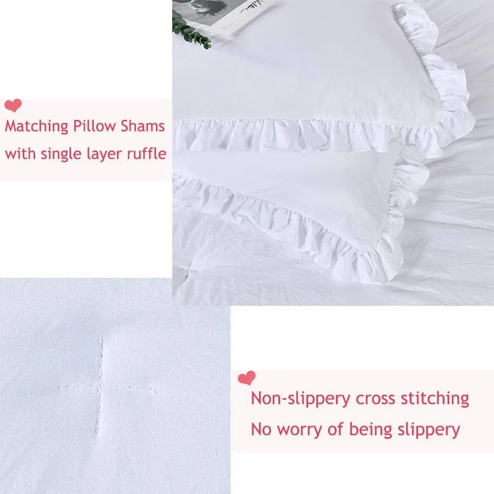 Masaca White Ruffled Comforter Set Queen,Lightweight Farmhouse Shabby Boho Chic White Bedding,Ultra Soft Fluffy Washed Microfiber Bed Comforter Set 3-Piece (1 White Comforter 2 Ruffle Pillow Shams)