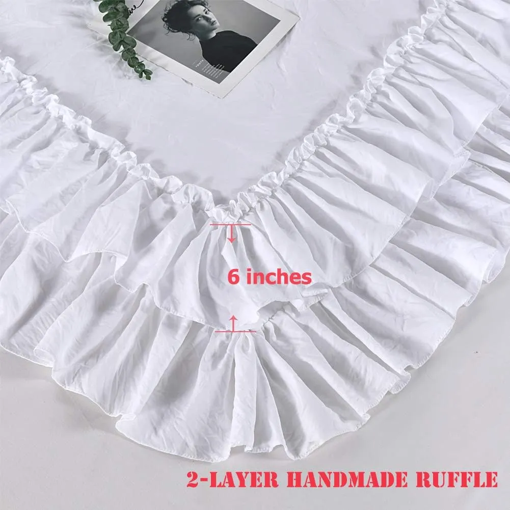 Masaca White Ruffled Comforter Set Queen,Lightweight Farmhouse Shabby Boho Chic White Bedding,Ultra Soft Fluffy Washed Microfiber Bed Comforter Set 3-Piece (1 White Comforter 2 Ruffle Pillow Shams)