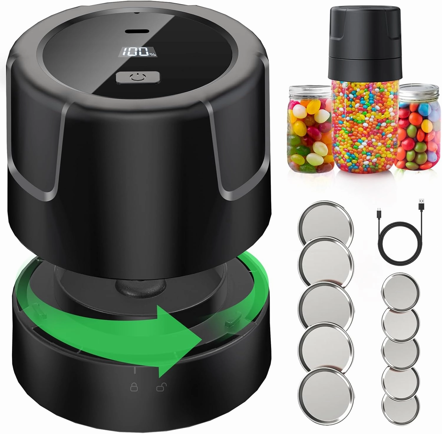 Mason Jar Vacuum Sealer - Electric Mason Jar Sealer Vacuum Sealing Kit, Vacuum Sealer for Mason Canning Jars with Can Opener, Regular and Wide Mouth Mason Jar Lids