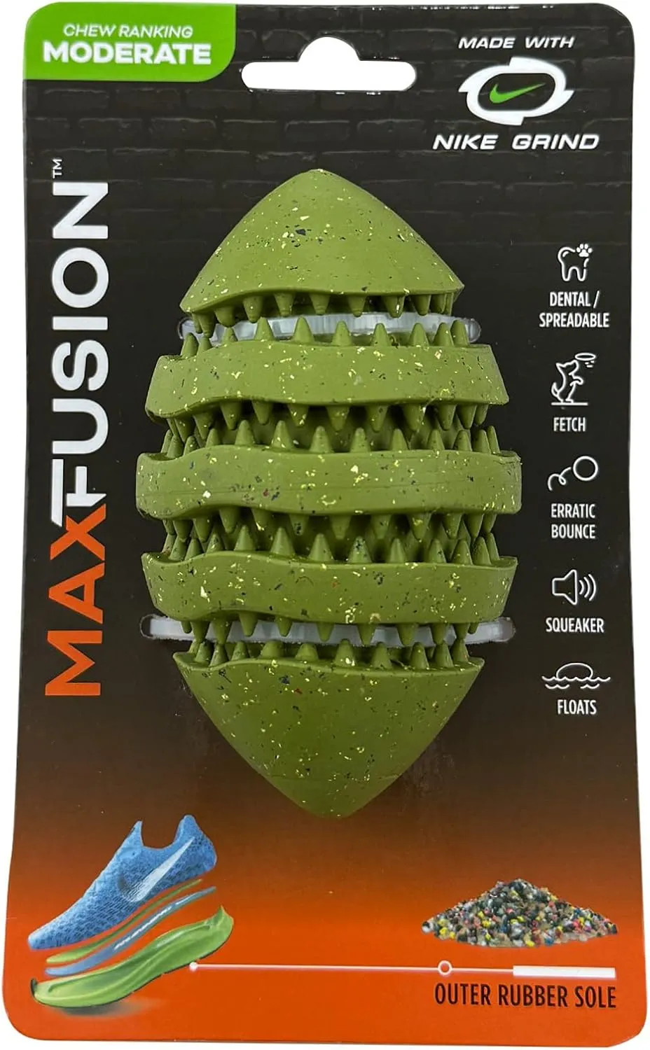 Max Fusion with Nike Grind, Arlee Spiro Football Treat Dispensing Dog Toy, Durable Dog Treat Toy, M