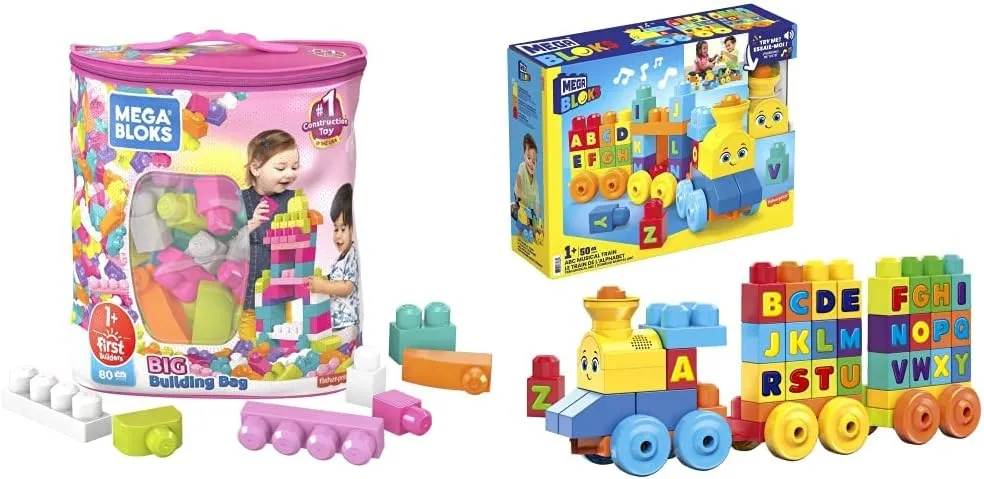 MEGA BLOKS First Builders Big Building Bag   ABC Musical Train, Building Set Bundle, Pink Bag, 130 Pieces