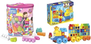 MEGA BLOKS First Builders Big Building Bag   ABC Musical Train, Building Set Bundle, Pink Bag, 130 Pieces