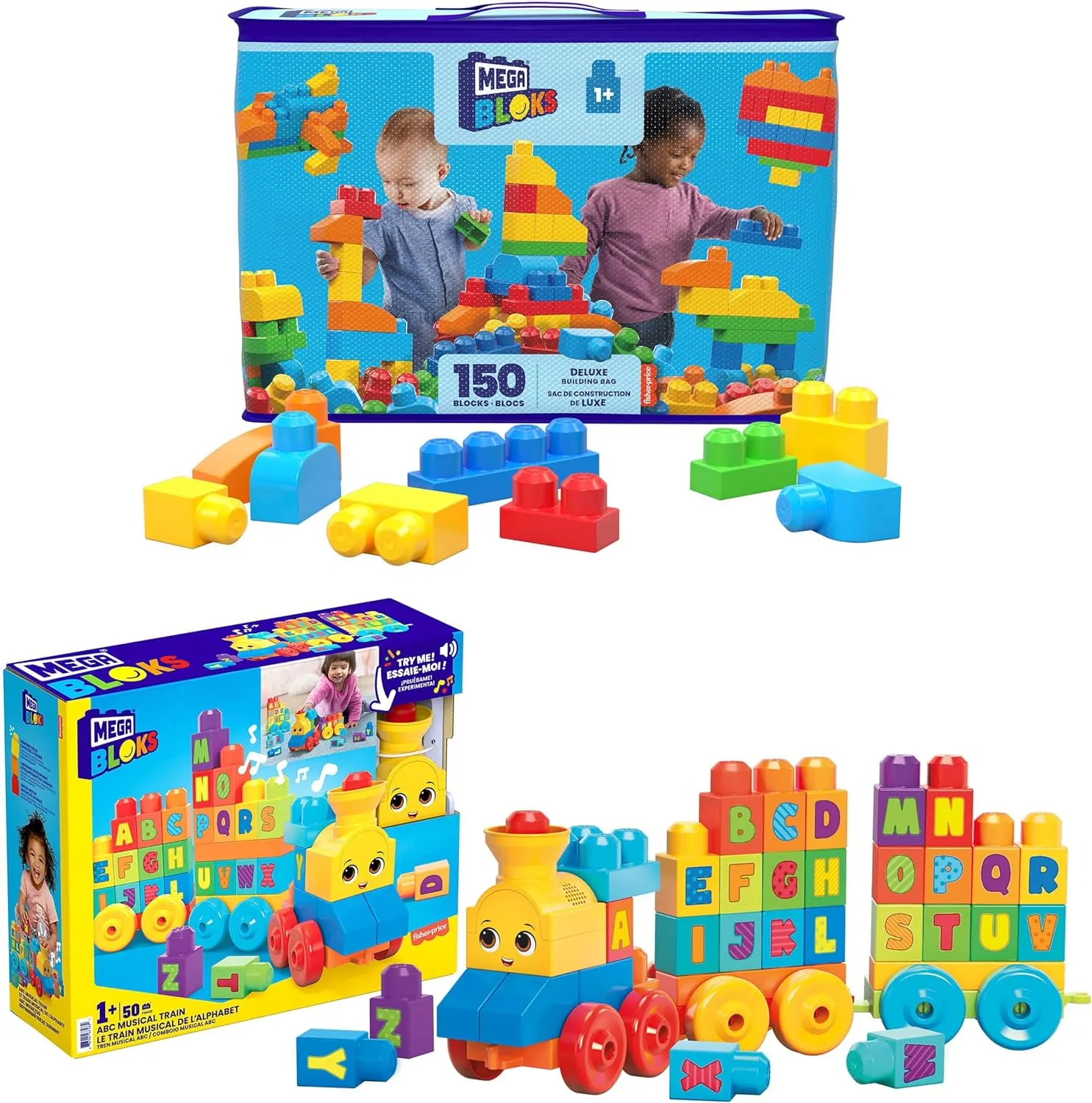 Mega BLOKS First Builders Deluxe Building Bag   ABC Musical Train, Building Set Bundle, Blue Bag, 200 Pieces