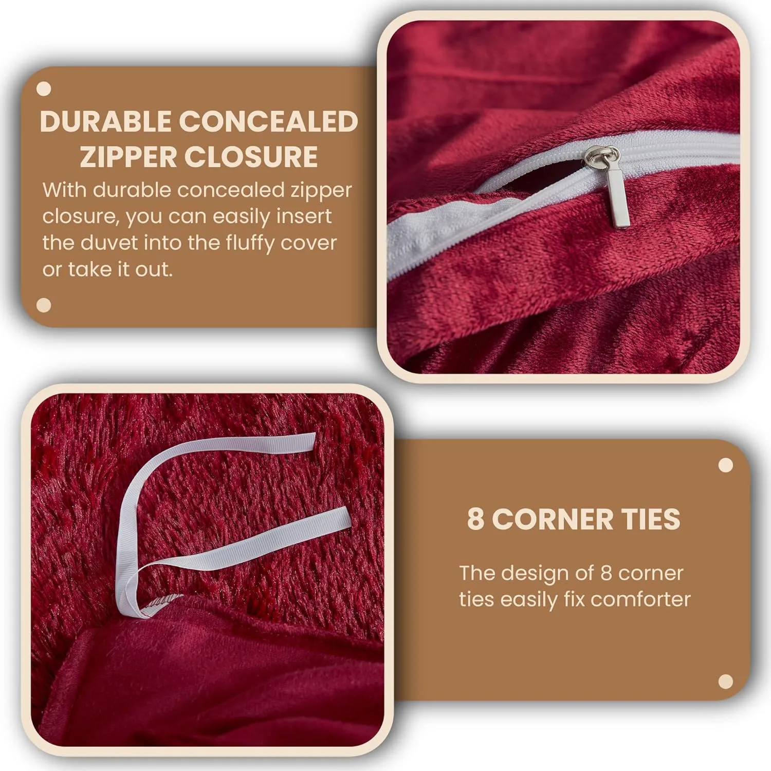 MEGO Luxury Shaggy Faux Fur Duvet Cover Set, Ultra Soft 3 PCS Fluffy Comforter Cover, Fuzzy Bedding Set King Size Quilt Cover(1 Plush Furry Duvet Cover   2 Pillowcases), Zipper Closure(King, Red)