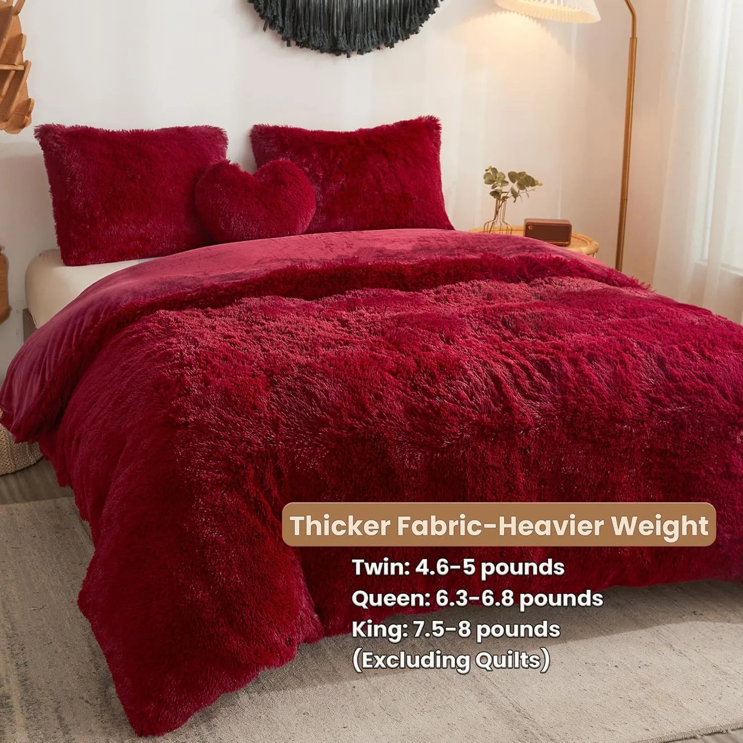 MEGO Luxury Shaggy Faux Fur Duvet Cover Set, Ultra Soft 3 PCS Fluffy Comforter Cover, Fuzzy Bedding Set King Size Quilt Cover(1 Plush Furry Duvet Cover   2 Pillowcases), Zipper Closure(King, Red)