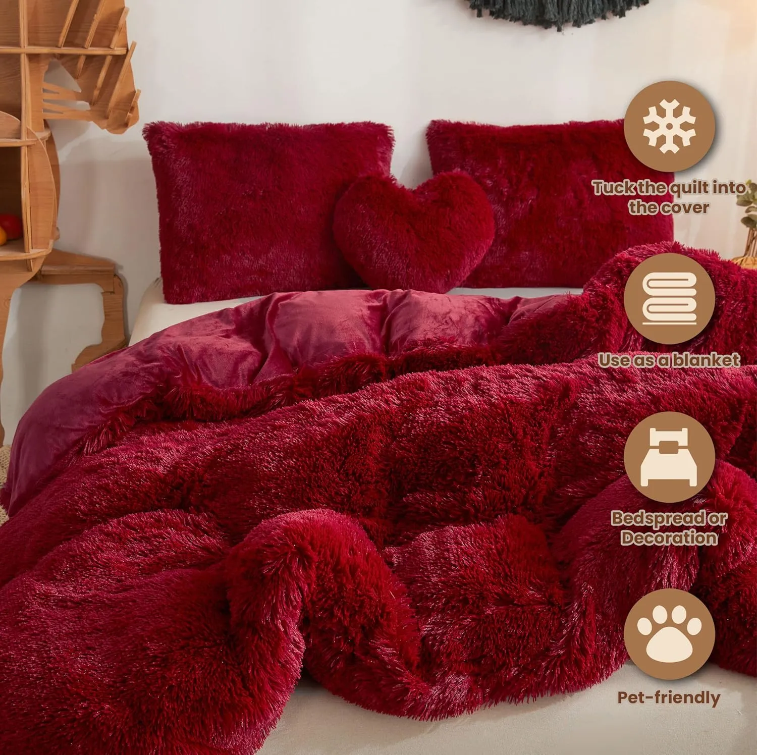 MEGO Luxury Shaggy Faux Fur Duvet Cover Set, Ultra Soft 3 PCS Fluffy Comforter Cover, Fuzzy Bedding Set King Size Quilt Cover(1 Plush Furry Duvet Cover   2 Pillowcases), Zipper Closure(King, Red)