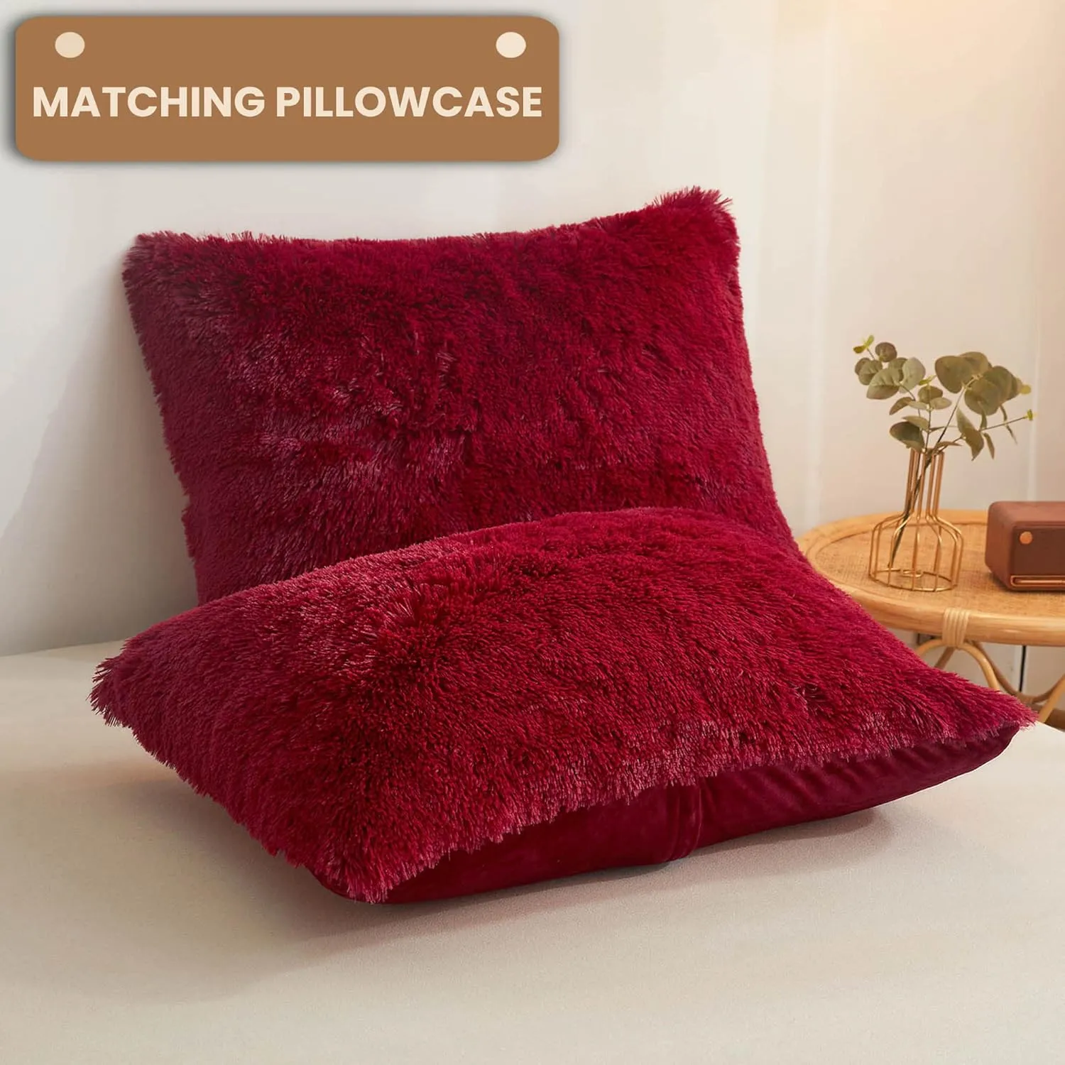 MEGO Luxury Shaggy Faux Fur Duvet Cover Set, Ultra Soft 3 PCS Fluffy Comforter Cover, Fuzzy Bedding Set King Size Quilt Cover(1 Plush Furry Duvet Cover   2 Pillowcases), Zipper Closure(King, Red)