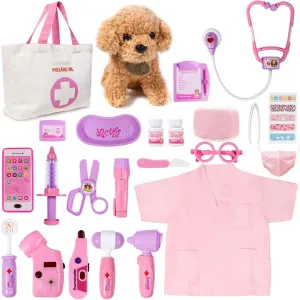 Meland Toy Doctor Kit for Girls - Pretend Play Doctor Set with Dog Toy, Carrying Bag, Stethoscope Toy & Dress Up Costume - Doctor Play Gift for Kids Toddlers Ages 3 4 5 6 Year Old for Role Play