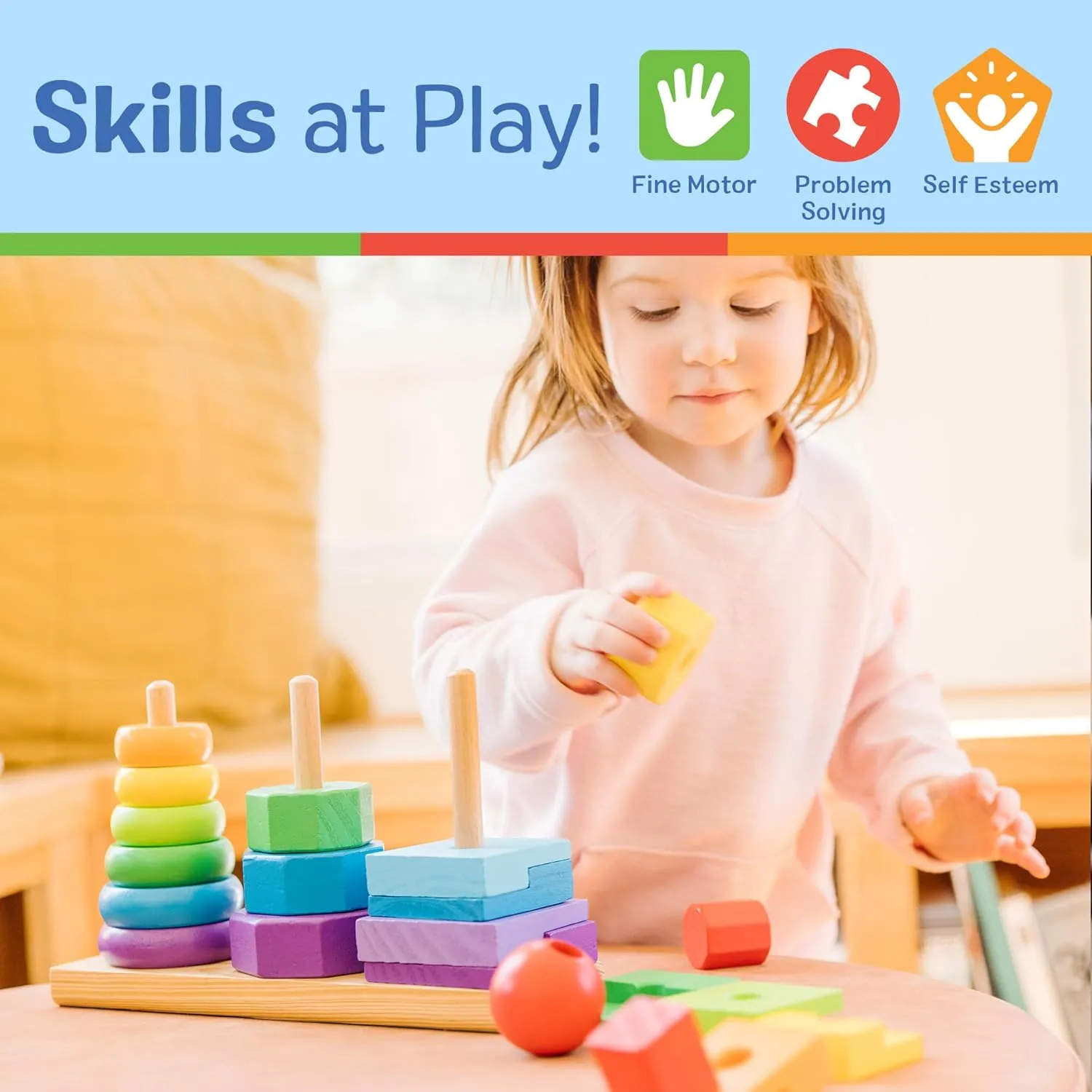 Melissa & Doug Geometric Stacker - Wooden Educational Toy Wooden Shape Sorter And Stacking Toy, Stacking Tower For Babies, Toys For Toddlers And Kids Ages 2 