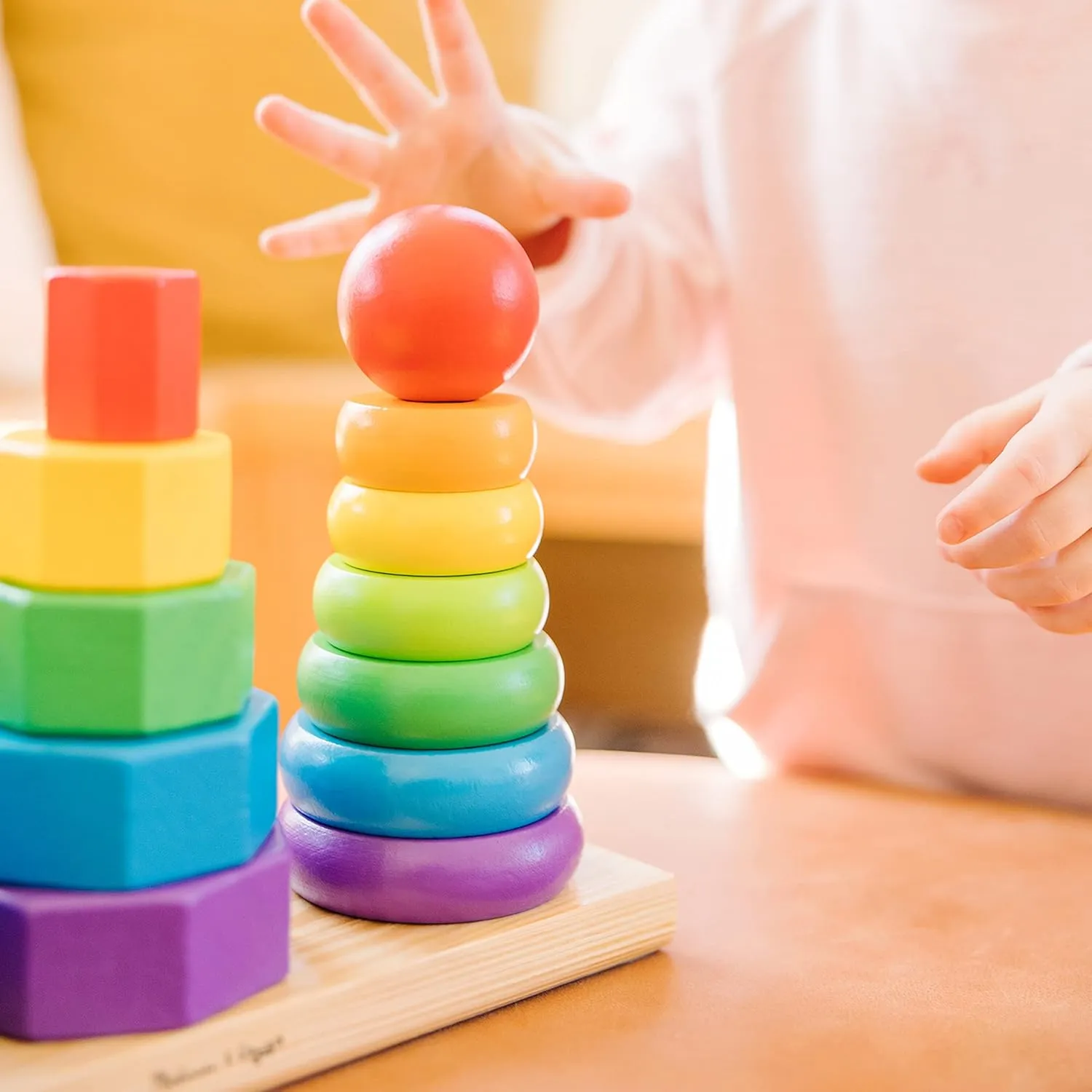 Melissa & Doug Geometric Stacker - Wooden Educational Toy Wooden Shape Sorter And Stacking Toy, Stacking Tower For Babies, Toys For Toddlers And Kids Ages 2 