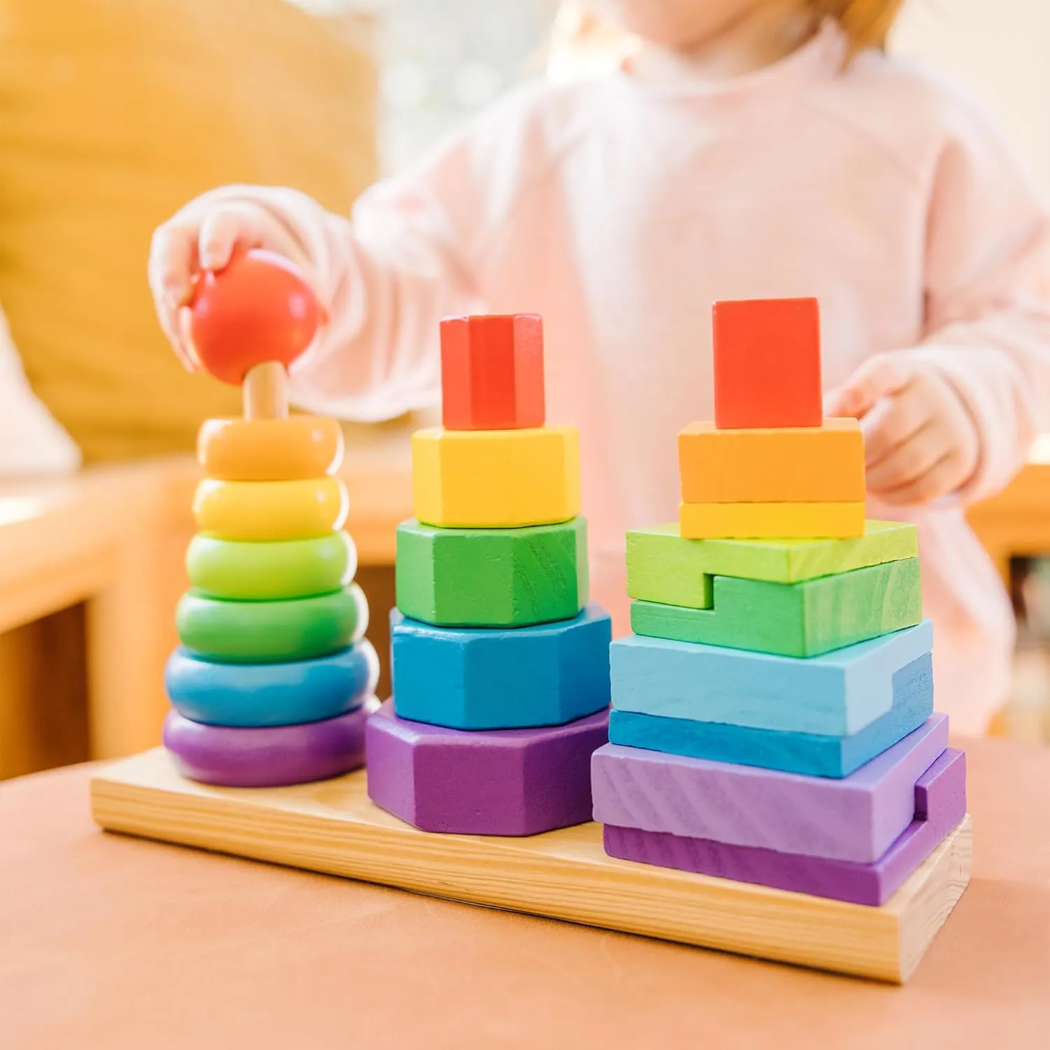 Melissa & Doug Geometric Stacker - Wooden Educational Toy Wooden Shape Sorter And Stacking Toy, Stacking Tower For Babies, Toys For Toddlers And Kids Ages 2 