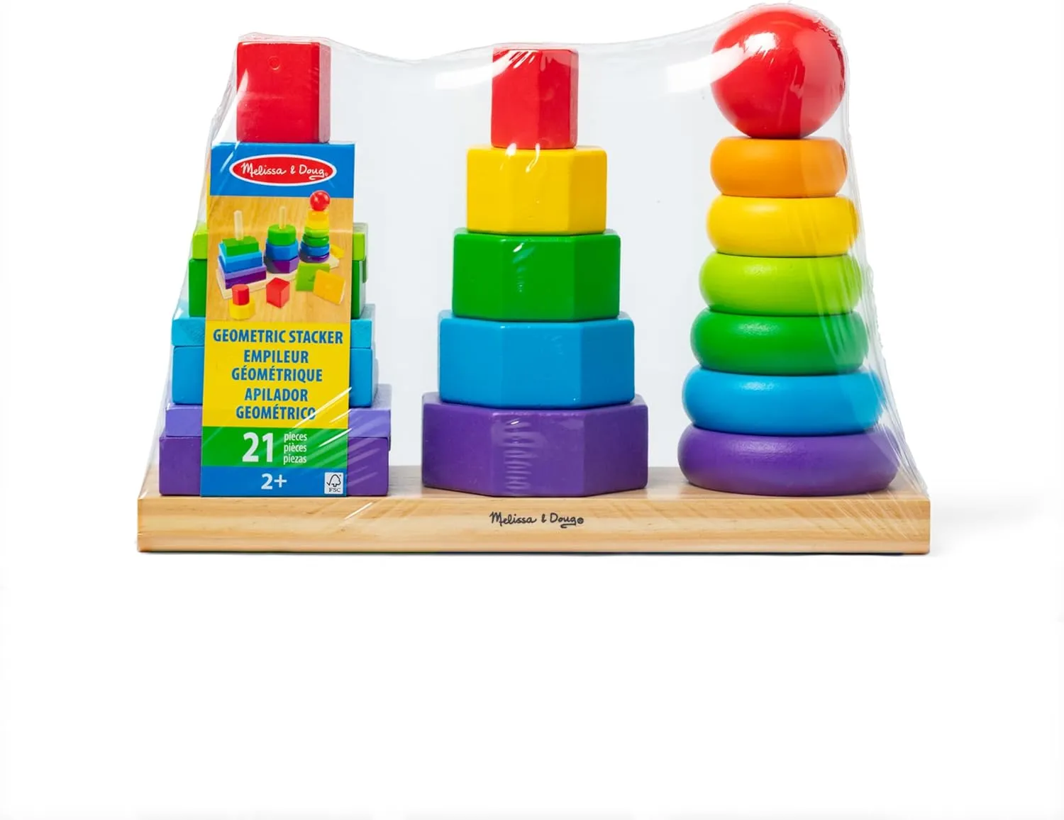 Melissa & Doug Geometric Stacker - Wooden Educational Toy Wooden Shape Sorter And Stacking Toy, Stacking Tower For Babies, Toys For Toddlers And Kids Ages 2 