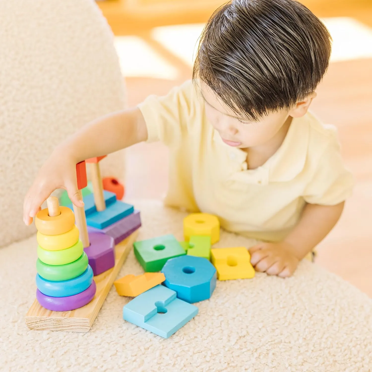 Melissa & Doug Geometric Stacker - Wooden Educational Toy Wooden Shape Sorter And Stacking Toy, Stacking Tower For Babies, Toys For Toddlers And Kids Ages 2 