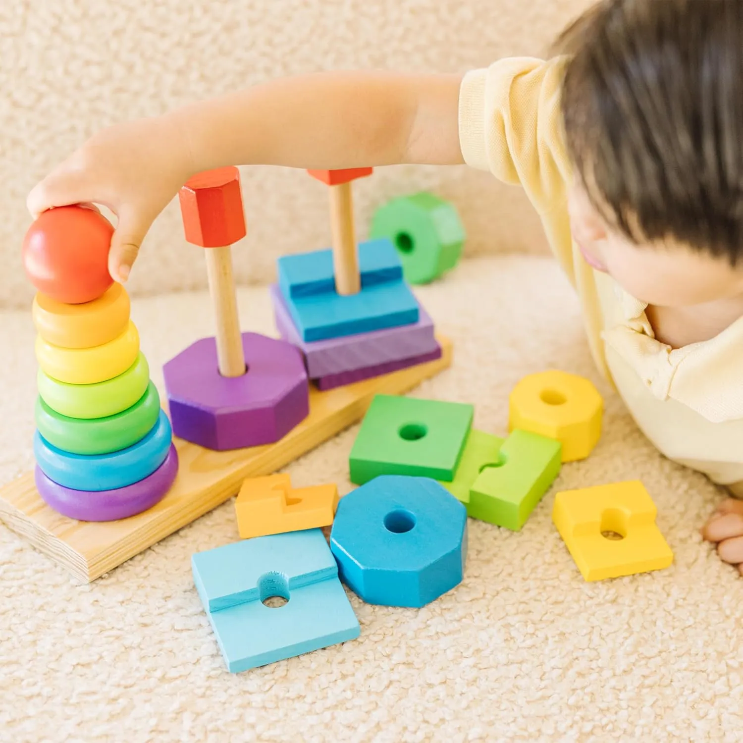 Melissa & Doug Geometric Stacker - Wooden Educational Toy Wooden Shape Sorter And Stacking Toy, Stacking Tower For Babies, Toys For Toddlers And Kids Ages 2 