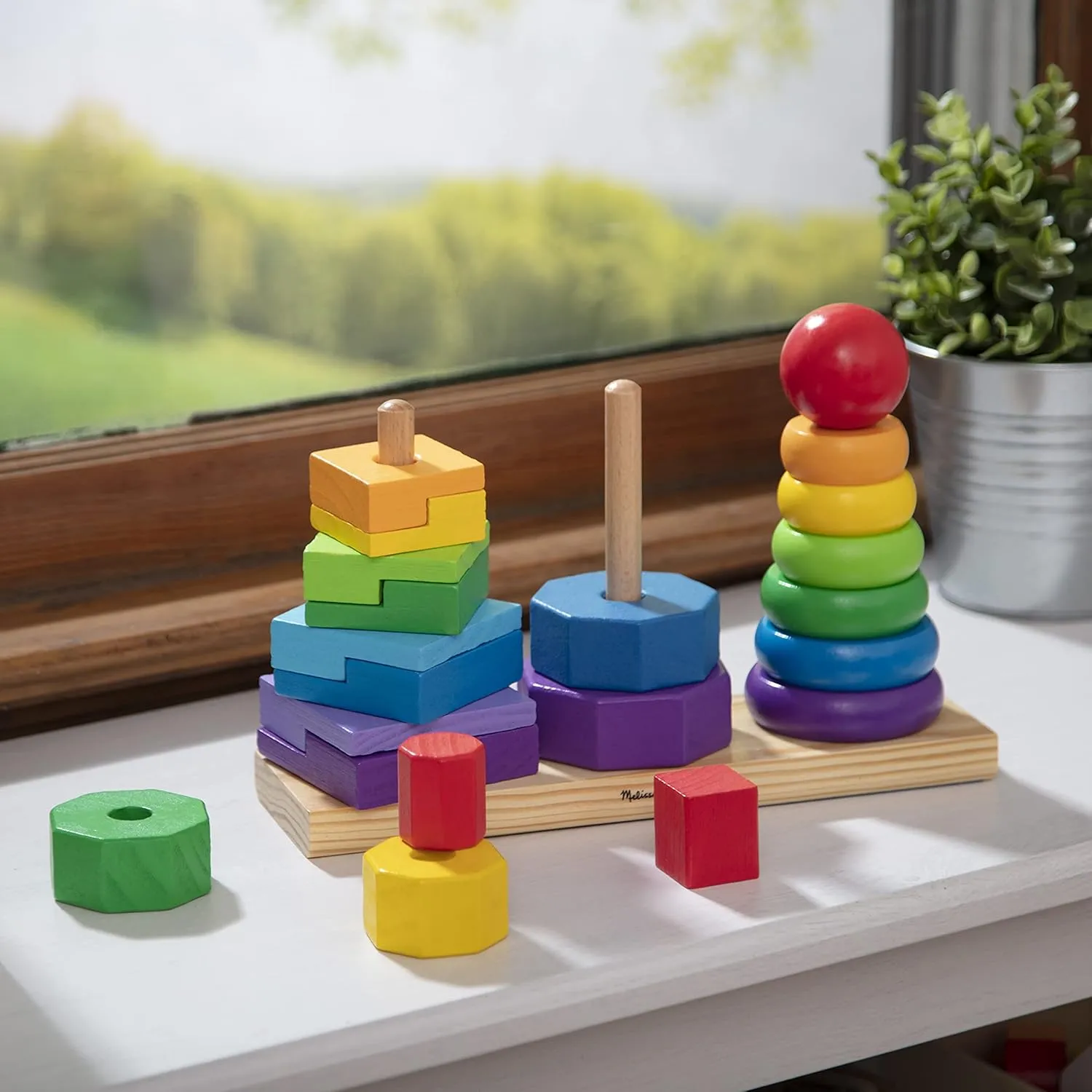 Melissa & Doug Geometric Stacker - Wooden Educational Toy Wooden Shape Sorter And Stacking Toy, Stacking Tower For Babies, Toys For Toddlers And Kids Ages 2 