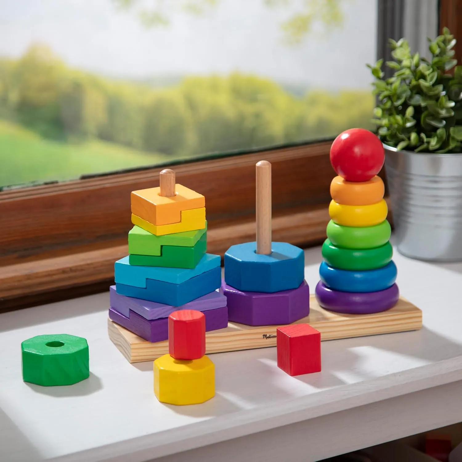 Melissa & Doug Geometric Stacker - Wooden Educational Toy Wooden Shape Sorter And Stacking Toy, Stacking Tower For Babies, Toys For Toddlers And Kids Ages 2 