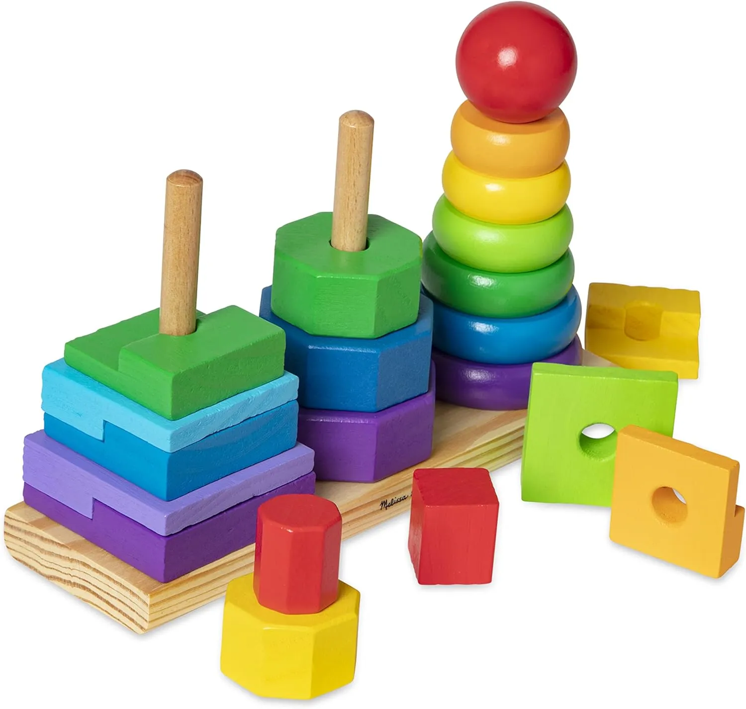 Melissa & Doug Geometric Stacker - Wooden Educational Toy Wooden Shape Sorter And Stacking Toy, Stacking Tower For Babies, Toys For Toddlers And Kids Ages 2 