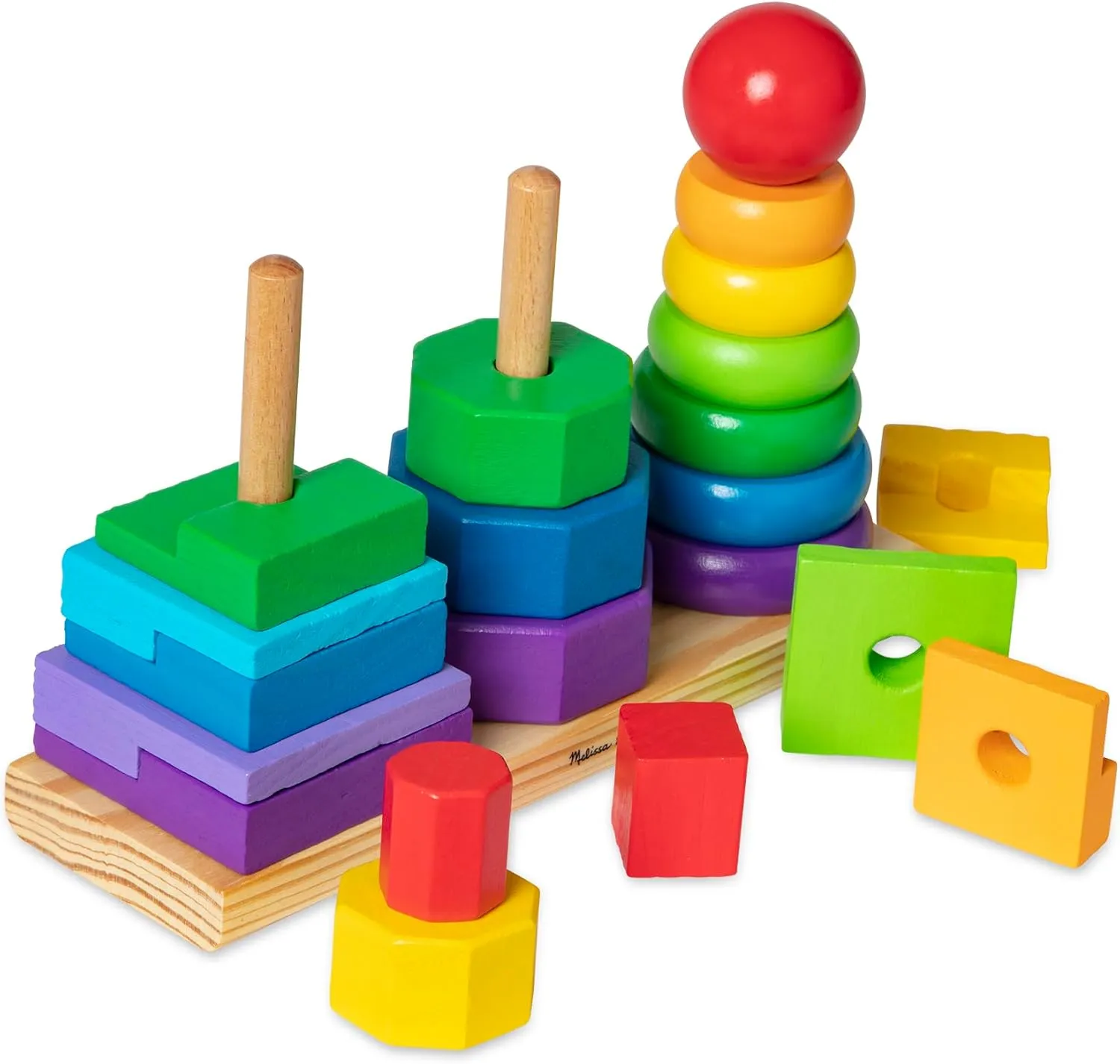 Melissa & Doug Geometric Stacker - Wooden Educational Toy Wooden Shape Sorter And Stacking Toy, Stacking Tower For Babies, Toys For Toddlers And Kids Ages 2 