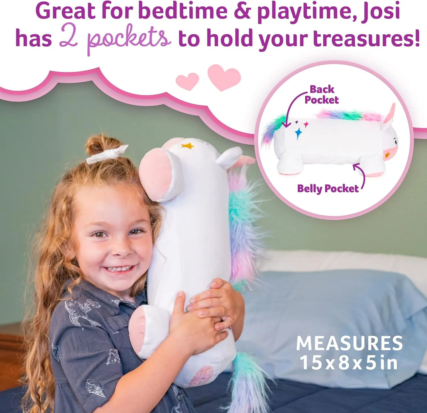 Memory Foam 15” Pillow Plush with Wireless Headphone Speakers Embedded to Play Music, Videos, or Soothing White Noise only Audible to Child Holding The Pillow - Josi The Unicorn