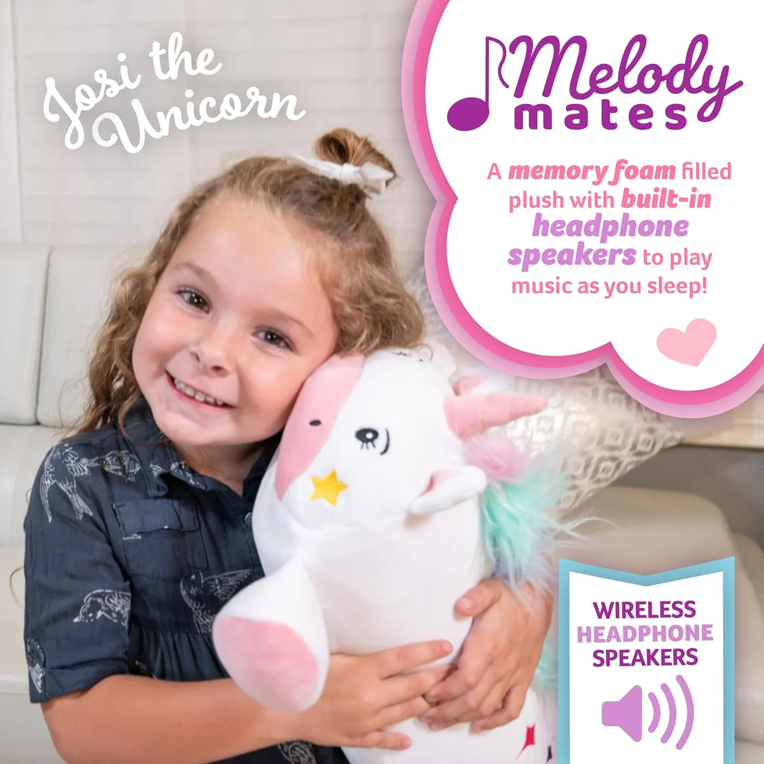 Memory Foam 15” Pillow Plush with Wireless Headphone Speakers Embedded to Play Music, Videos, or Soothing White Noise only Audible to Child Holding The Pillow - Josi The Unicorn