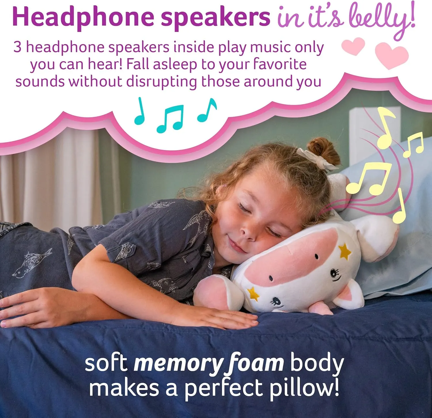 Memory Foam 15” Pillow Plush with Wireless Headphone Speakers Embedded to Play Music, Videos, or Soothing White Noise only Audible to Child Holding The Pillow - Josi The Unicorn