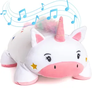 Memory Foam 15” Pillow Plush with Wireless Headphone Speakers Embedded to Play Music, Videos, or Soothing White Noise only Audible to Child Holding The Pillow - Josi The Unicorn
