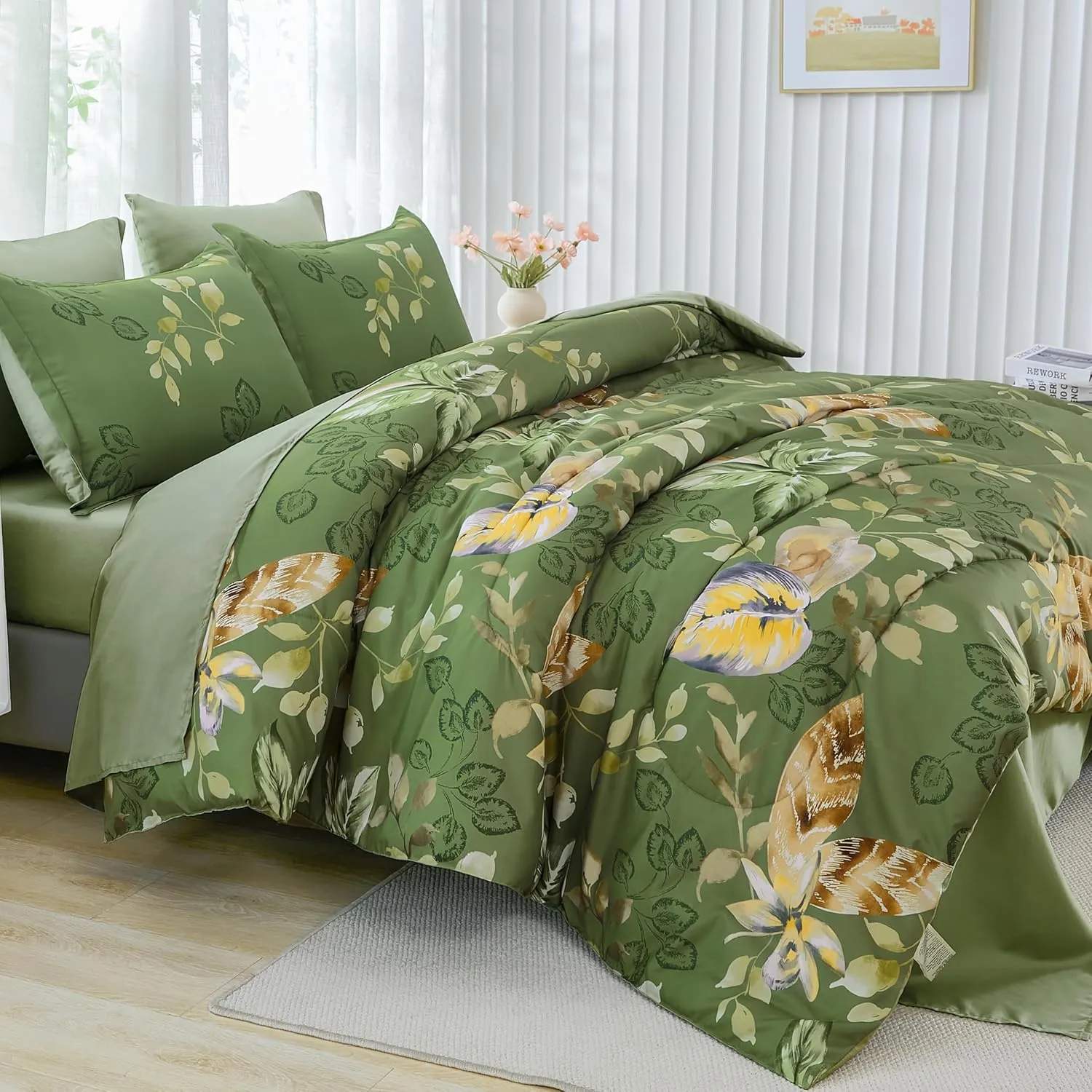Menghomeus Green Comforter Set King 7 Piece Bed in a Bag Flowers Leaves Pattern Comforter Set Botanical Comforter with Sheets Set, Soft Microfiber Bedding Set for All Season