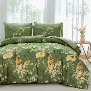 Menghomeus Green Comforter Set King 7 Piece Bed in a Bag Flowers Leaves Pattern Comforter Set Botanical Comforter with Sheets Set, Soft Microfiber Bedding Set for All Season