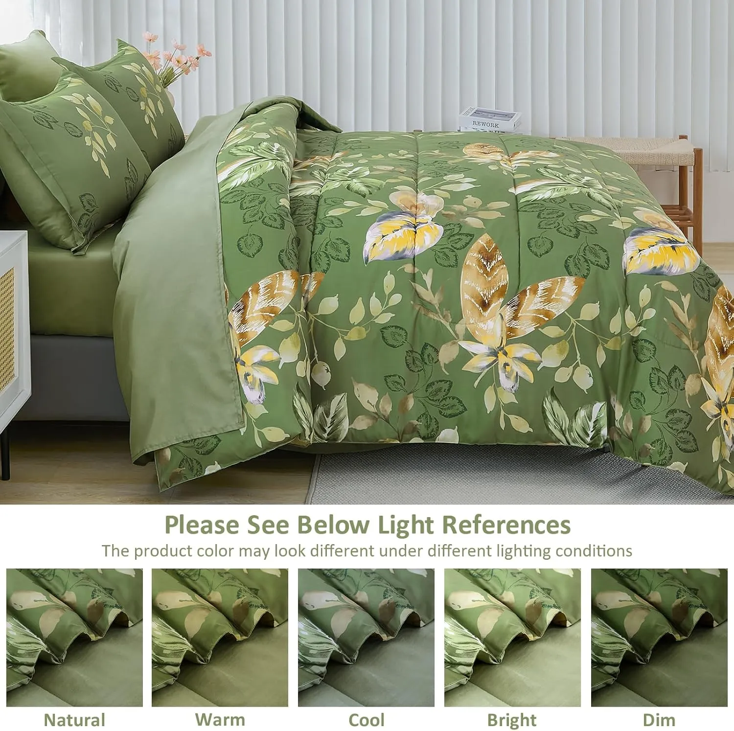 Menghomeus Green Comforter Set King 7 Piece Bed in a Bag Flowers Leaves Pattern Comforter Set Botanical Comforter with Sheets Set, Soft Microfiber Bedding Set for All Season