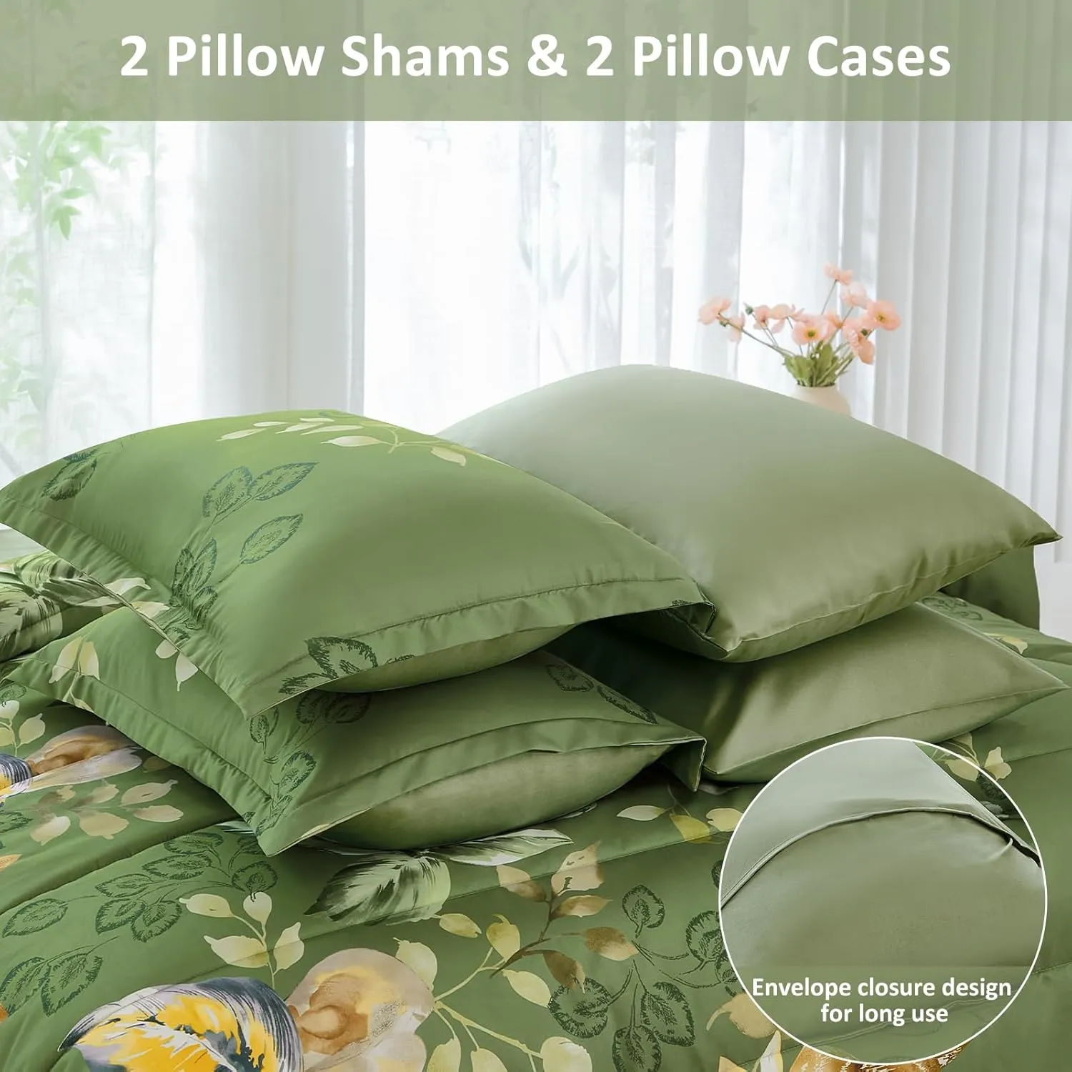 Menghomeus Green Comforter Set King 7 Piece Bed in a Bag Flowers Leaves Pattern Comforter Set Botanical Comforter with Sheets Set, Soft Microfiber Bedding Set for All Season