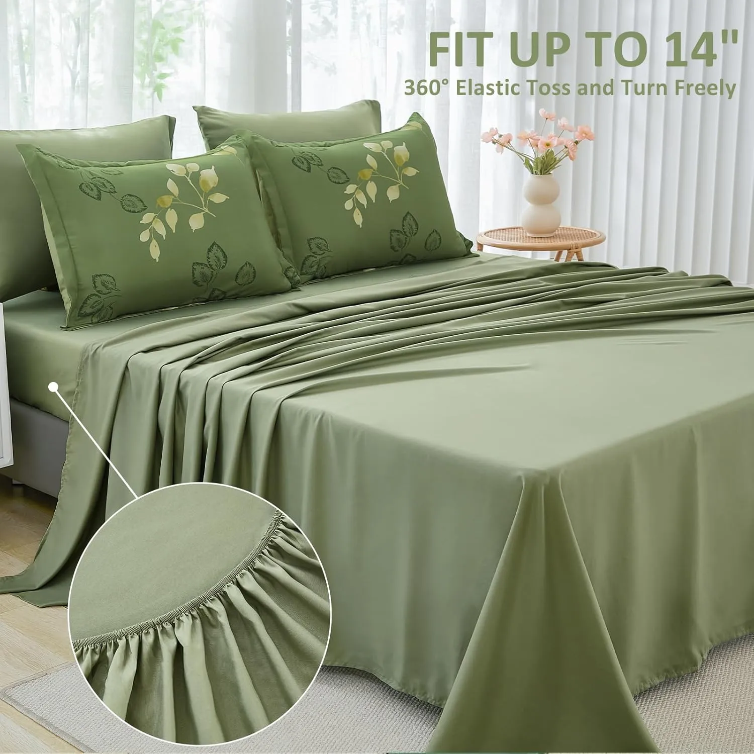 Menghomeus Green Comforter Set King 7 Piece Bed in a Bag Flowers Leaves Pattern Comforter Set Botanical Comforter with Sheets Set, Soft Microfiber Bedding Set for All Season