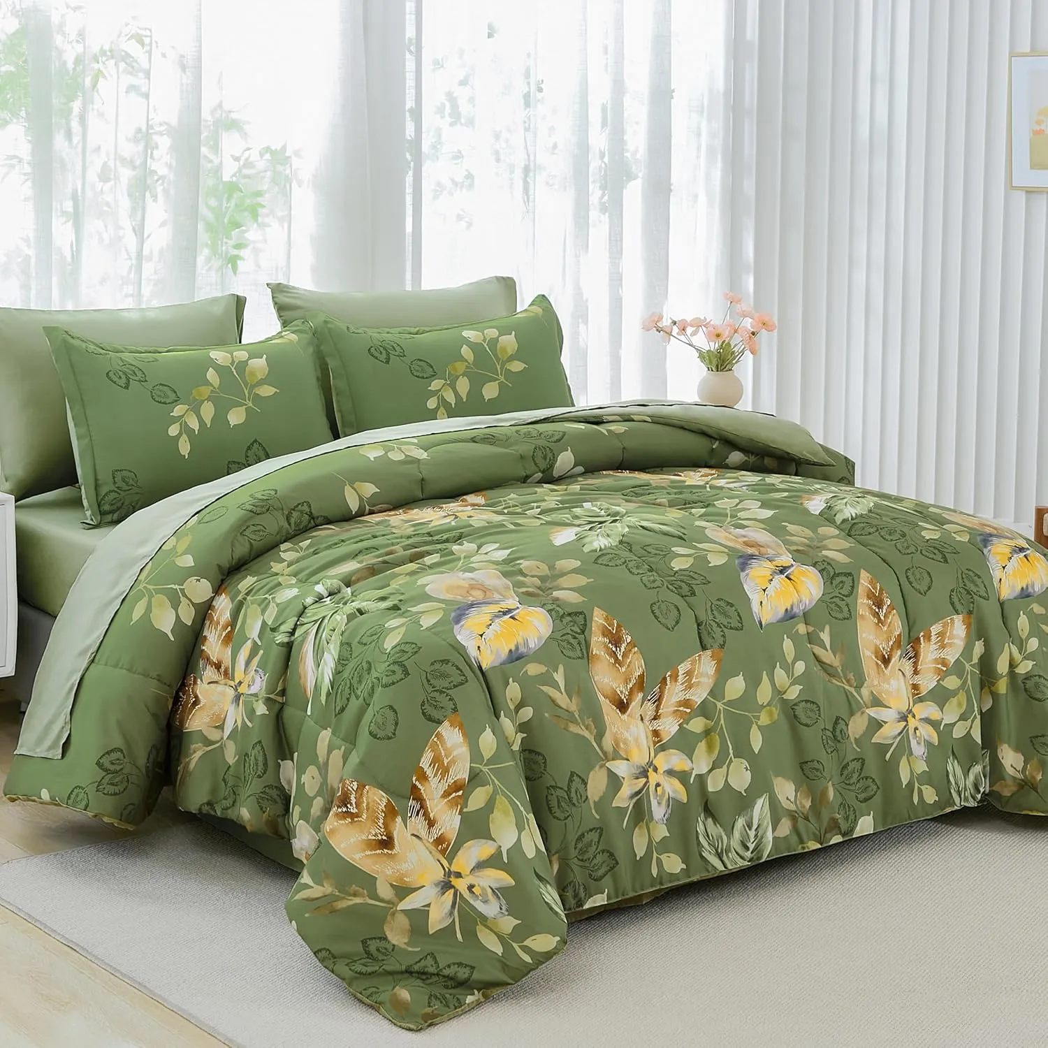 Menghomeus Green Comforter Set King 7 Piece Bed in a Bag Flowers Leaves Pattern Comforter Set Botanical Comforter with Sheets Set, Soft Microfiber Bedding Set for All Season