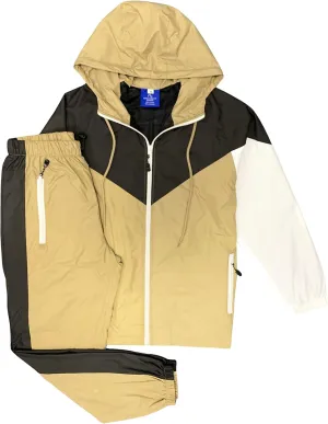 Men’s Colorful Hooded Windbreaker Sweatsuit Meshed Lined Nylon Water Repellent GYM Outfit